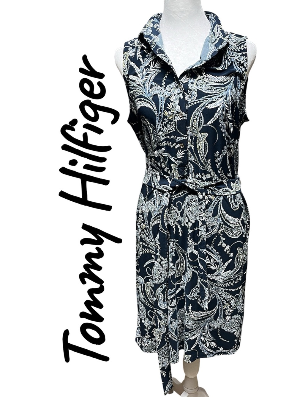 Tommy Hilfiger Navy and White Paisley Sleeveless Tie-Waist Dress